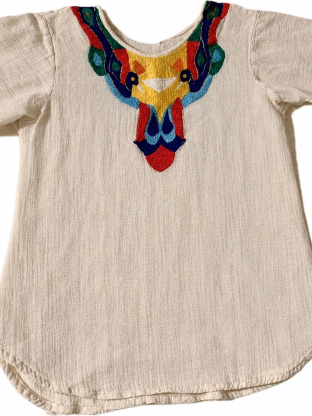 Vintage 60s 70s Mexican Hand Woven Cotton Embroidered Tunic Blouse Boho Folk
